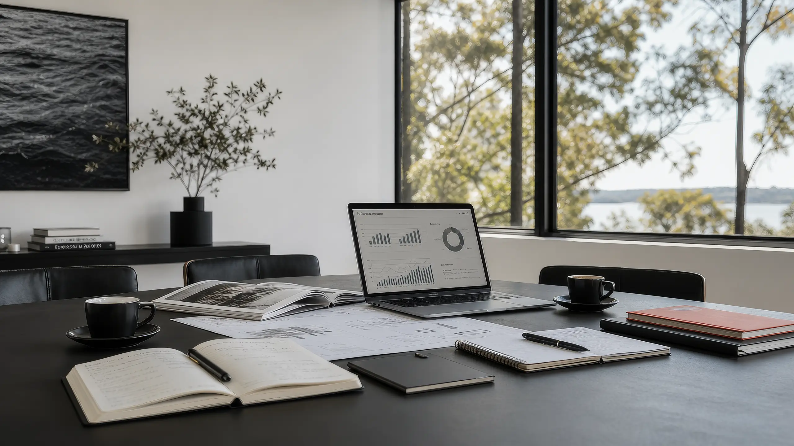 A small professional-services team working calmly at a desk with a laptop