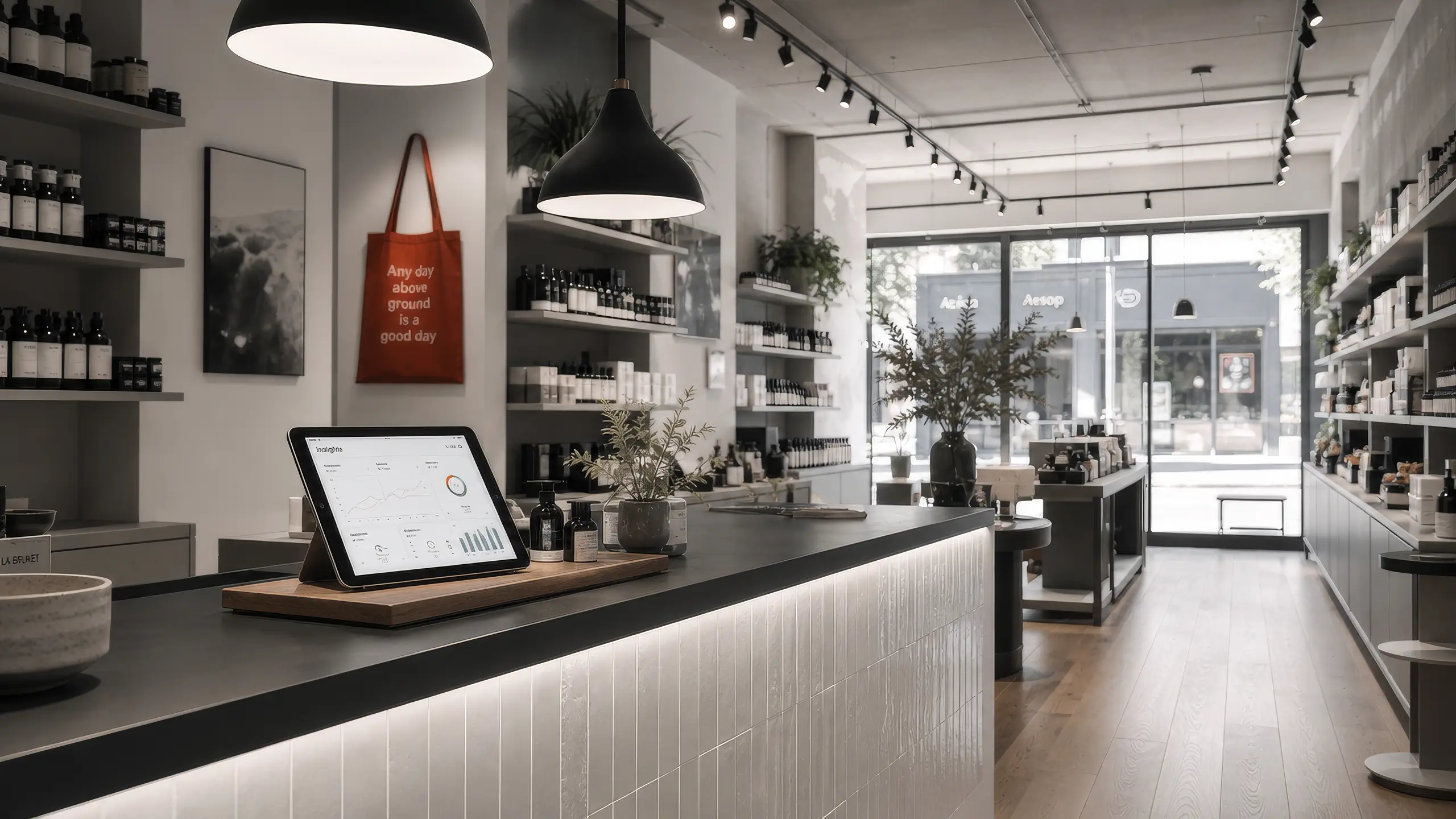 A retail business owner checking a tablet at the shop counter