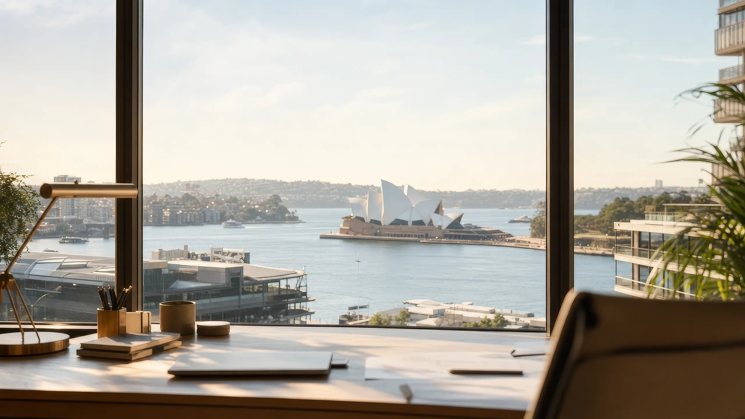 View of Sydney Harbour and the Opera House from a bright, modern office