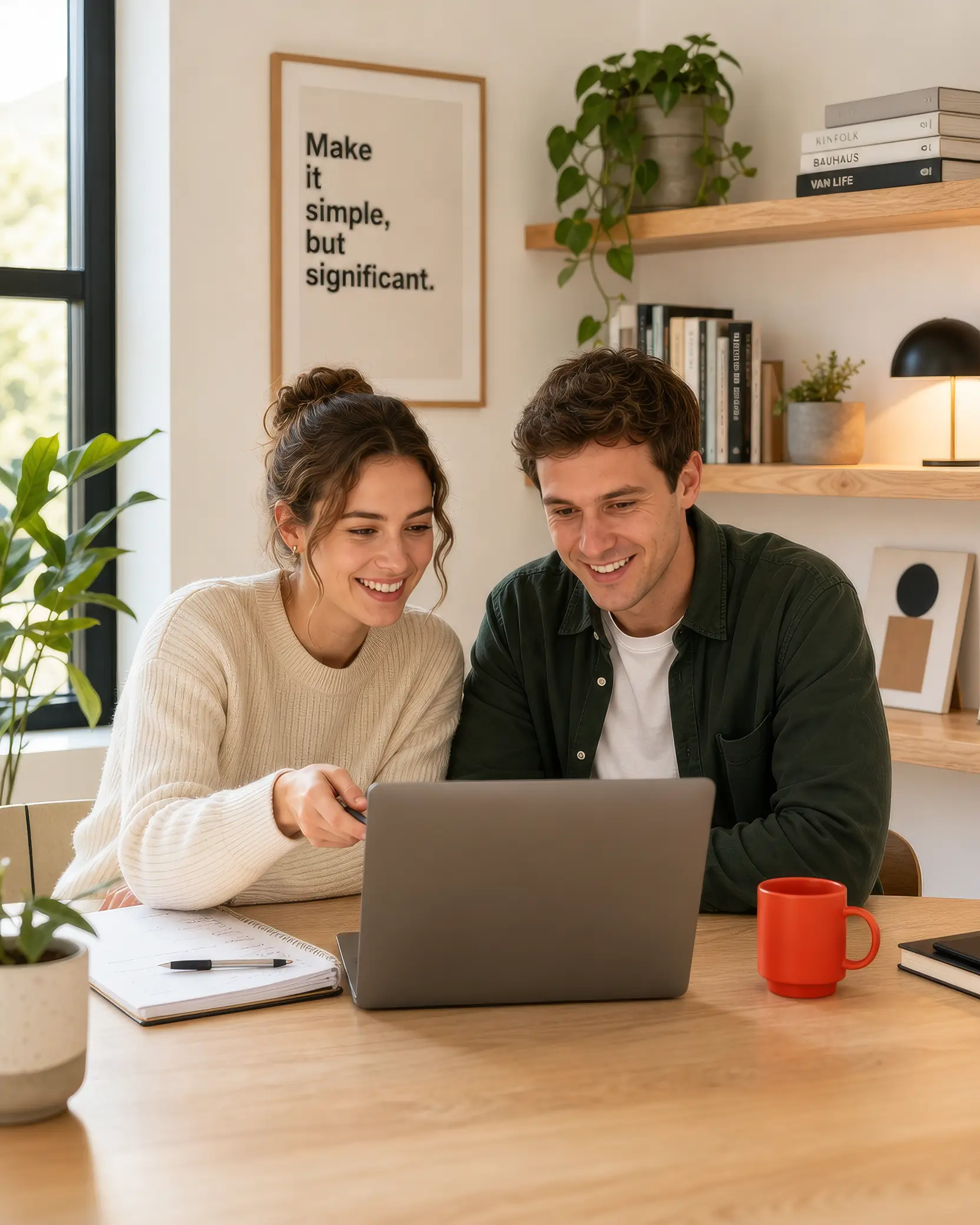 Two business owners reviewing work together on a laptop in a bright workspace